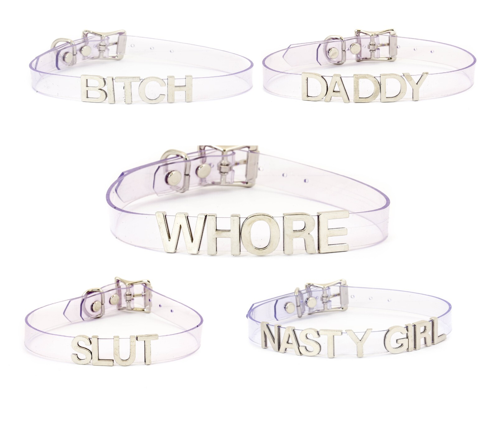 Clear PVC-Fetish-Name Choker -Silver Slave Daddy-Bdsm-Slut-Neck-Collar-Kinky-USA