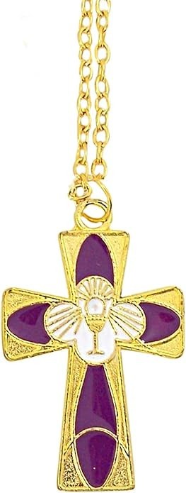 Gold Tone First Communion Cross Pendant Necklace Purple Enamel 3pk