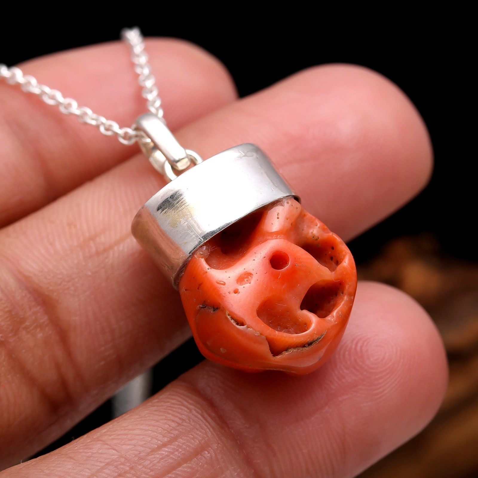 Natural Italian Red Coral Rough Chain Pendant 925 Sterling Silver Unique Jewelry