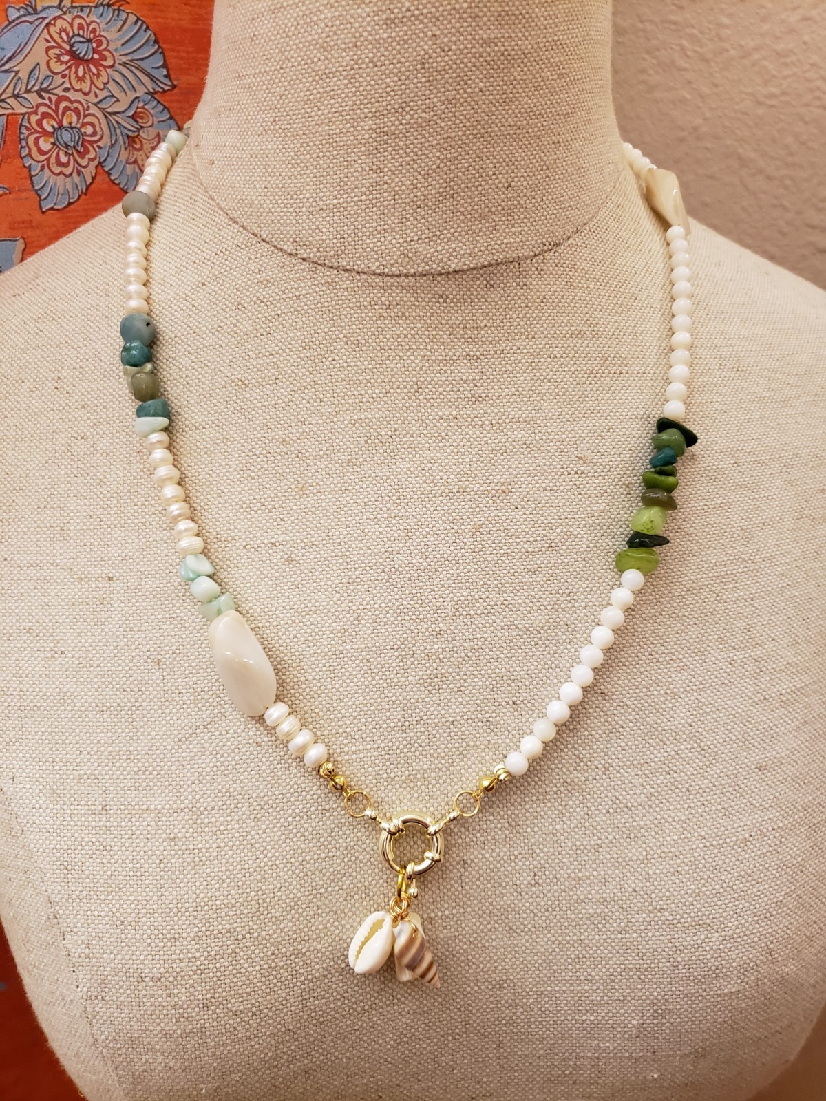 Asymmetrical Natural Bead Necklace Pearls Shell Charm Coastal Boho 23”