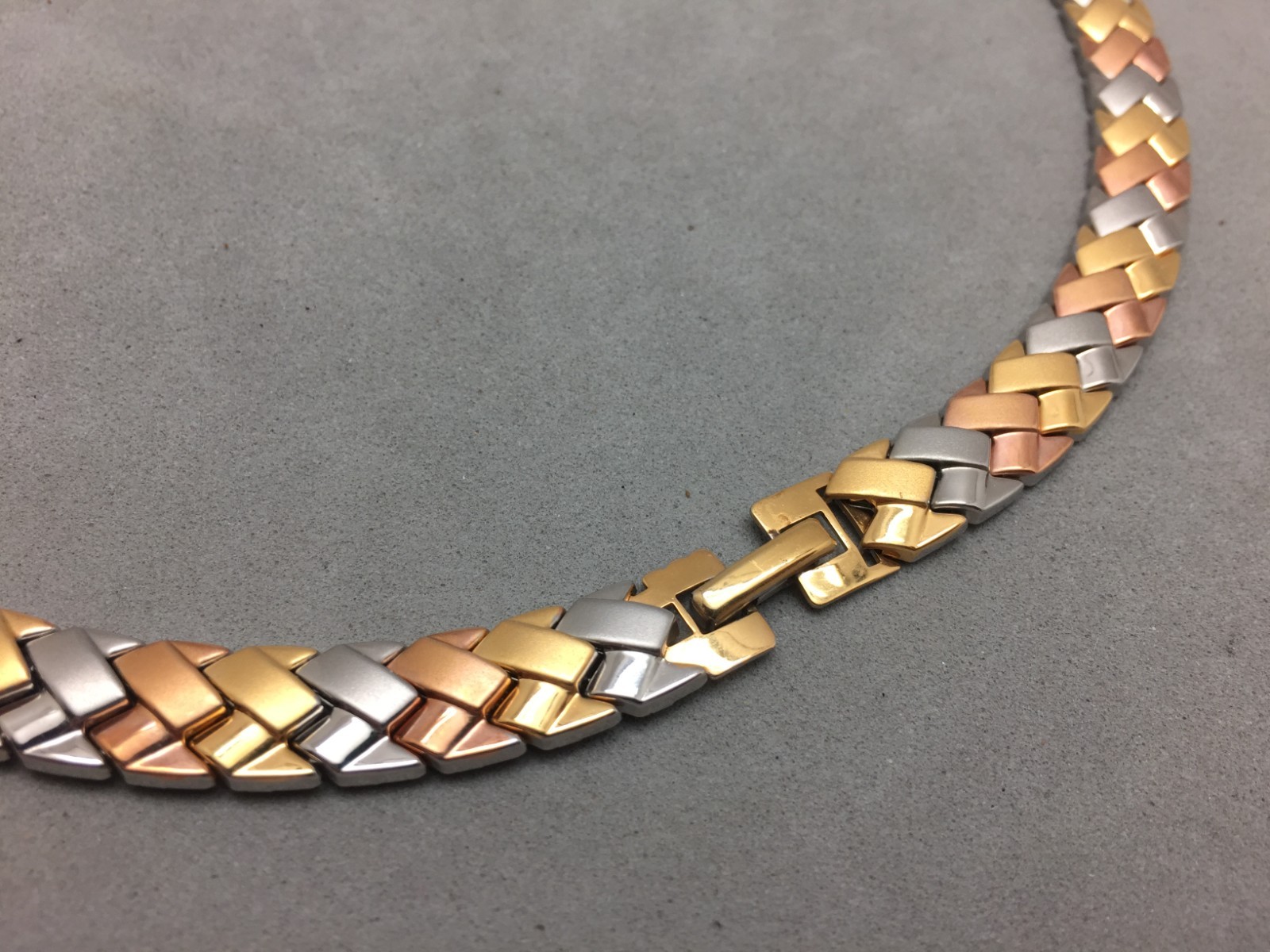 JCM Tri-color Gold Silver Rose Gold Collar Necklace Woven 18″ Stainless Steel .5