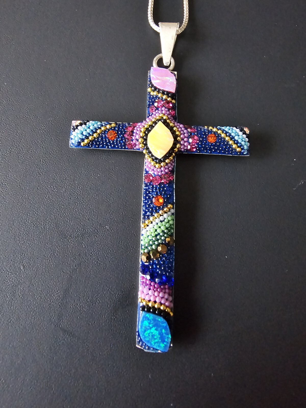 Cross Silver/Multicolored Beaded Man Made Opals W/Ajustable Chain Stamped 925