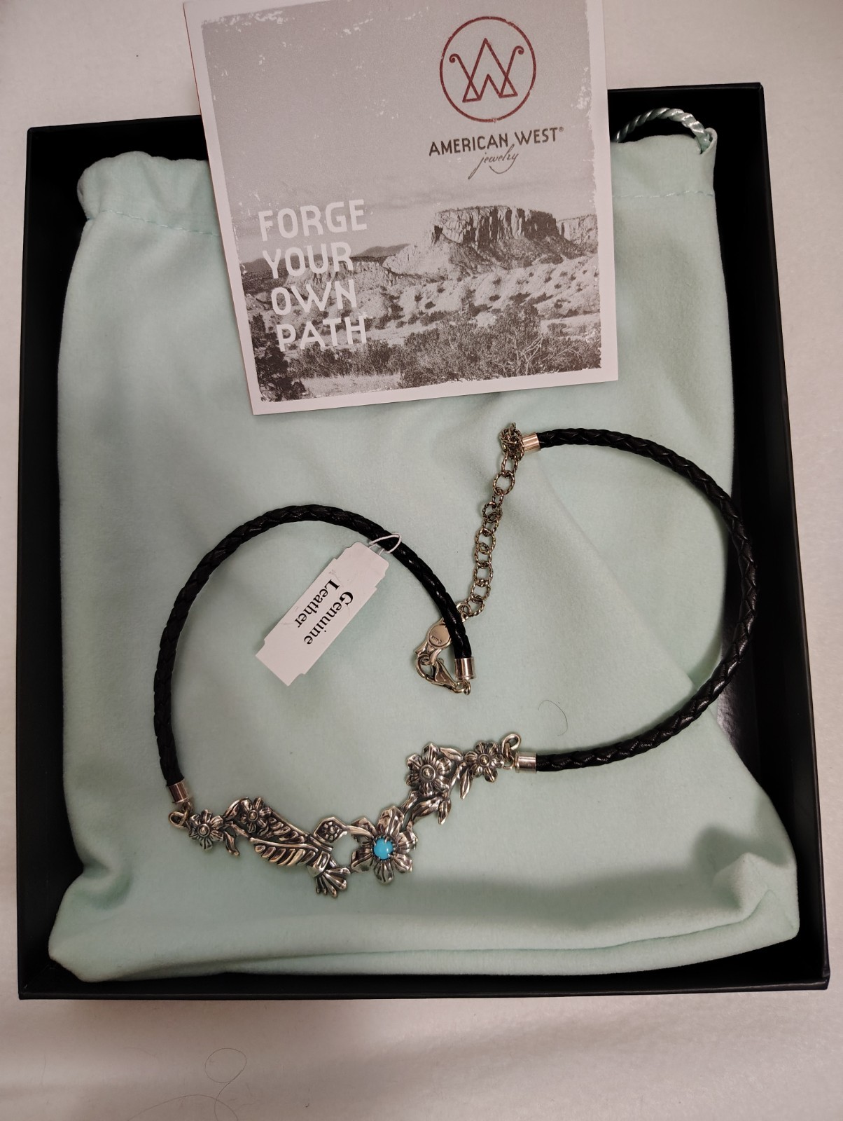 American West Leather Braided Choker Necklace Blue Turquoise Adjustable Floral