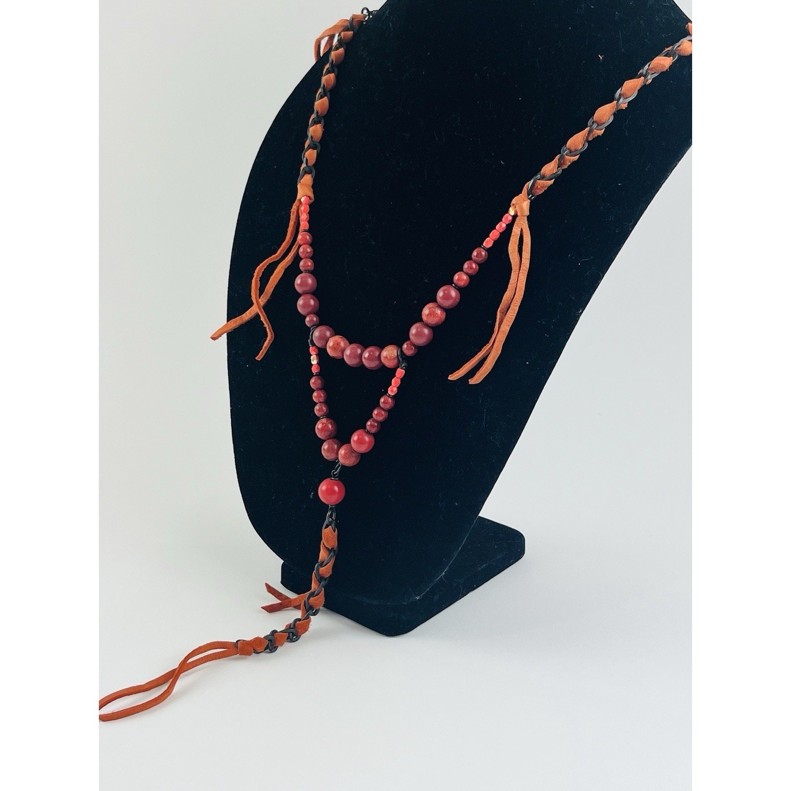 Annie Costello Brown necklace Orange Suede Leather Beaded Twisted Lariat Y Drop
