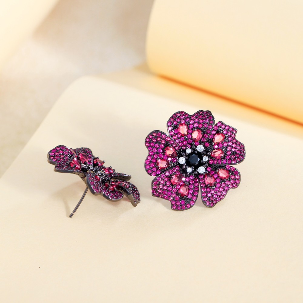 5A Cubic Zirconia Flower Stud Earrings Women Rose Red Crystal Floral Earrings We