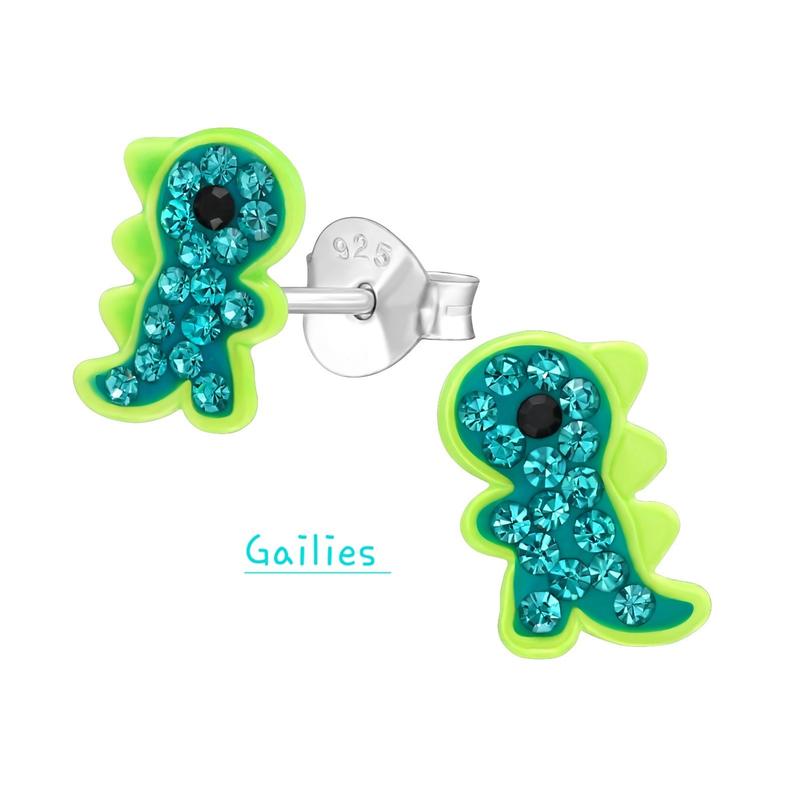 Children’s Sterling Silver Godzilla Green Crystal Stud Earrings – Gift Pouch