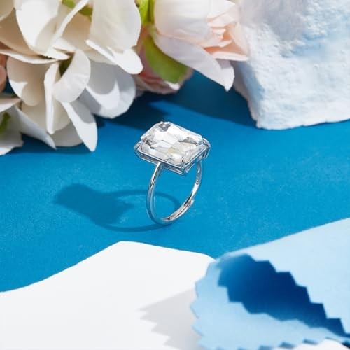 Adjustable 12x8mm Rectangle Prong Ring Settings, Platinum Plated 925 Silver, Jew