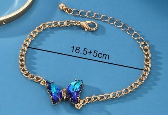 18K Gold Plated Butterfly Blue Sapphire Crystal Bracelet Women Gift Pendant Set