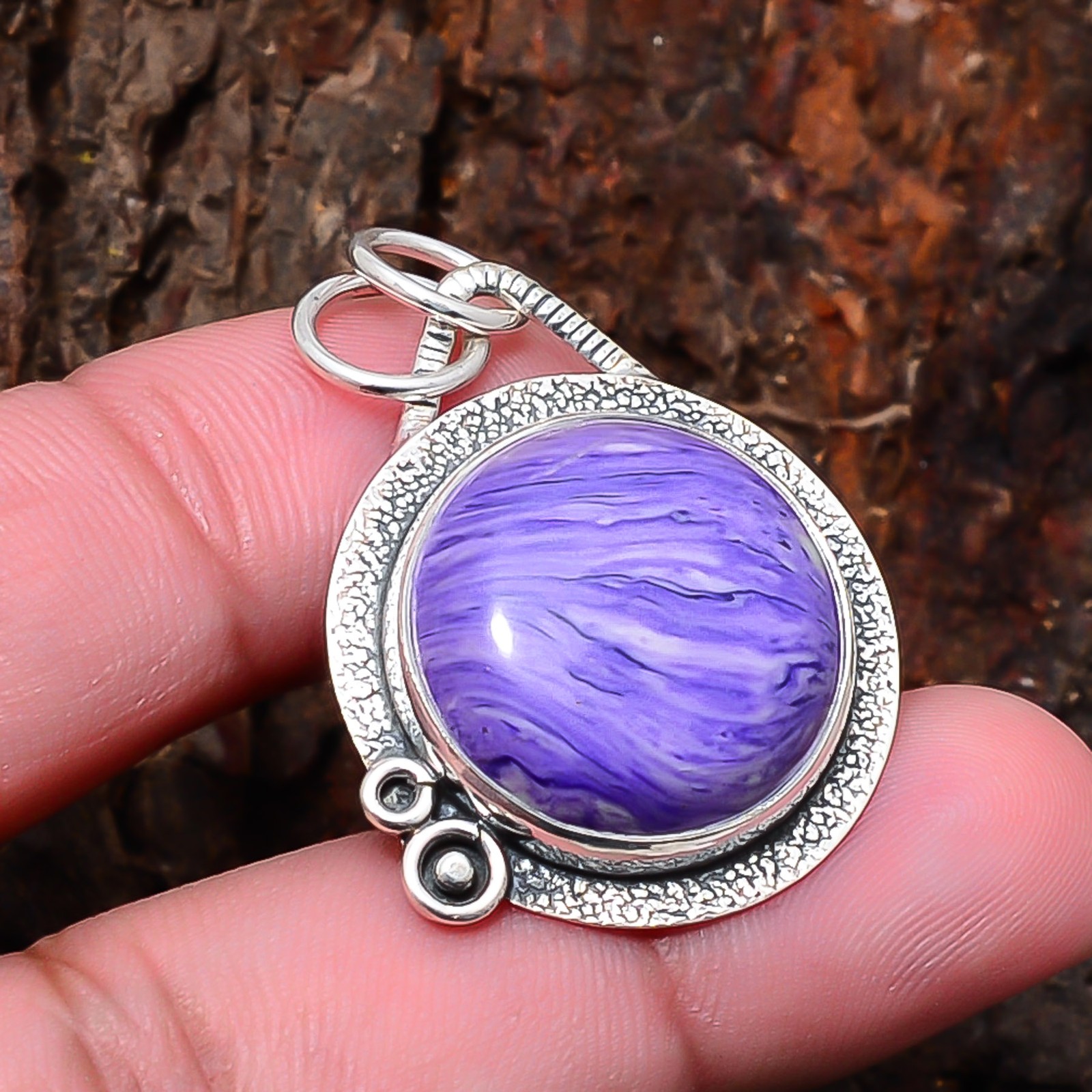 Purple Charoite Designer Handmade 925 Sterling Silver Pendant 1.4″ P1088012416