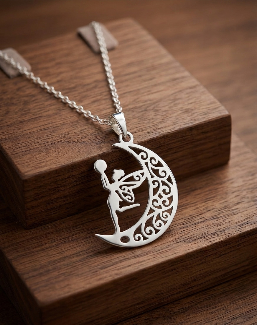 Pure Brass Gold Color Fancy Unique Moon Fairy Design Pendent Comes With Chain