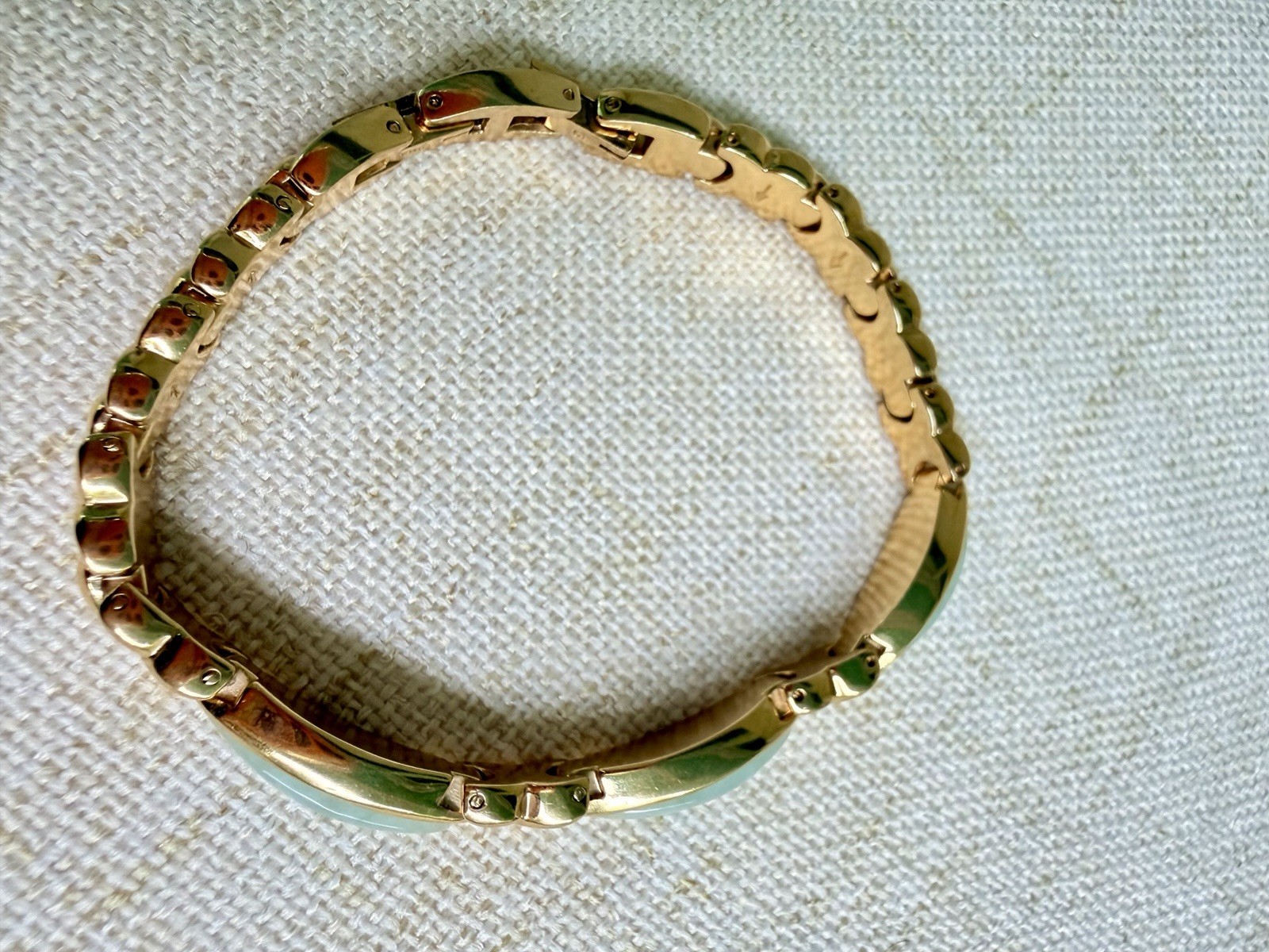 Vintage Gold Tone Link Bracelet Green Jade Look Cabochon Panel 7.25”