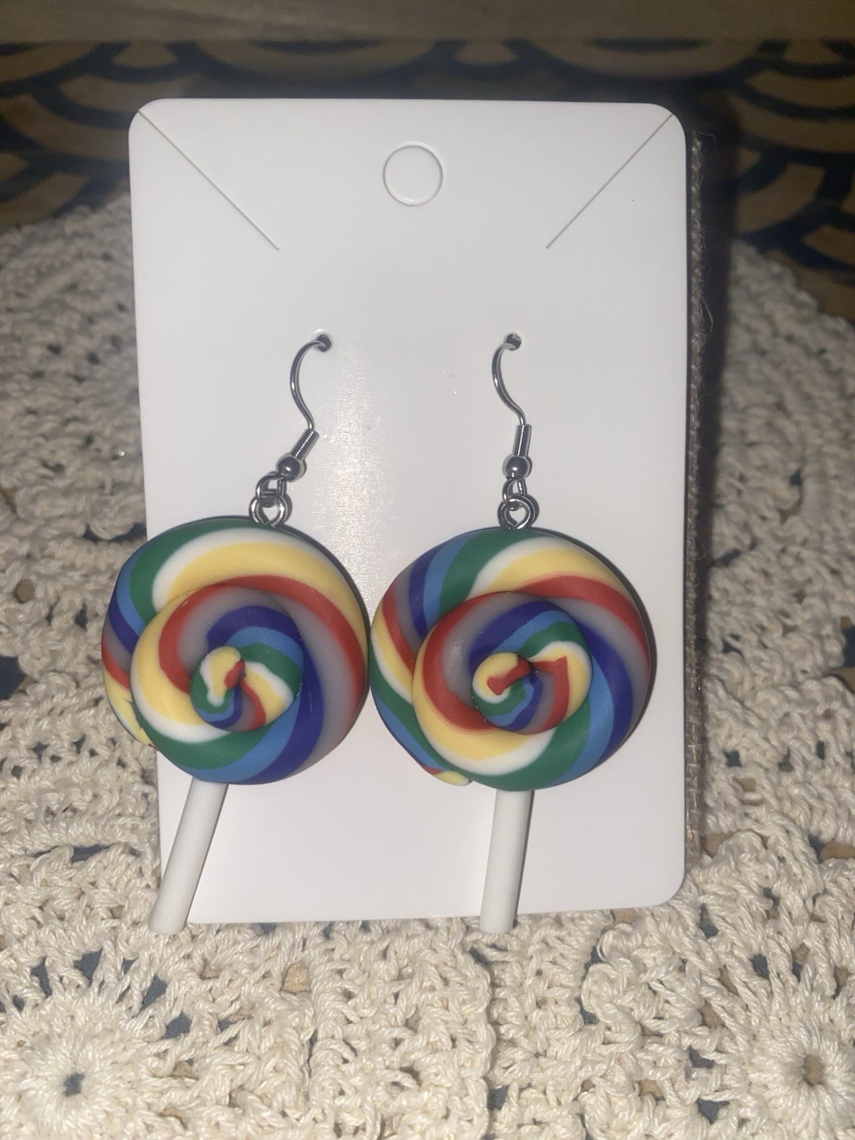 Rainbow Swirl Lollipop Dangle Hook Earrings Candy Cute Kawaii Multicolor