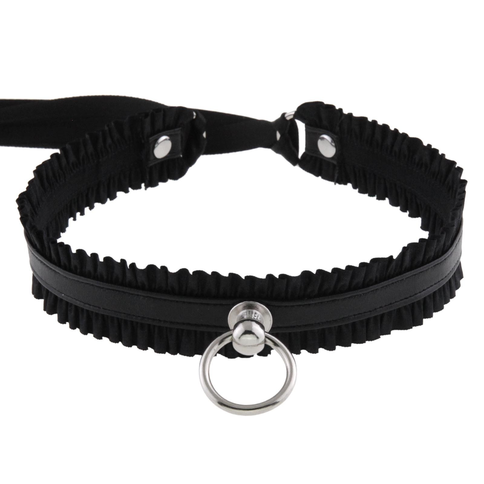 Trendy Lace Trim Choker Collar Punk Necklace with O-ring Pendant Matching Leash
