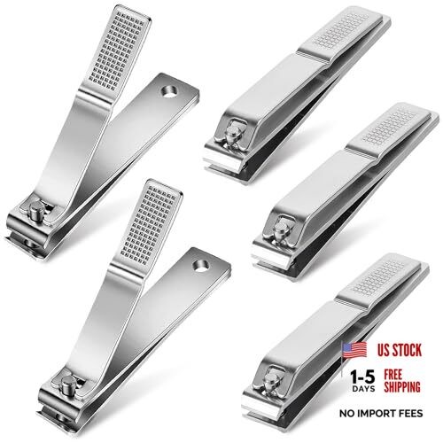 5-Pack Large Toenail Clippers Straight Edge, 3.15 inch Long Silver-5 PCS-Large