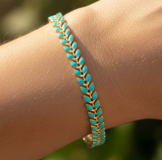 Delicate Leaf Beaded Bracelet Gold Plated Turquoise Chain Handmade Boho Jewelry