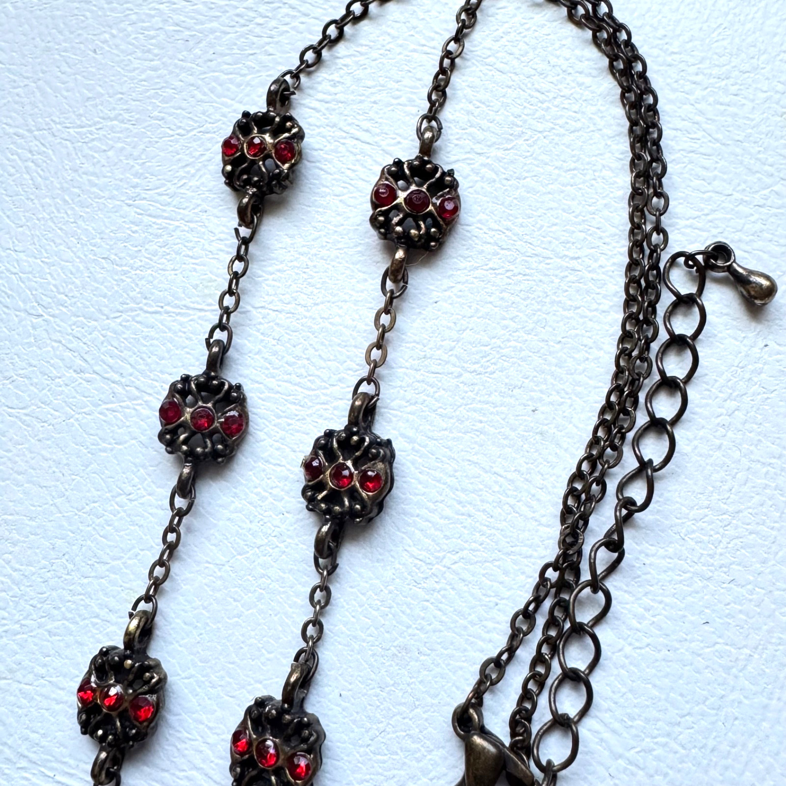 Gothic Red Rhinestone Y Drop Necklace Filigree Rosary Style Antique Bronze Goth