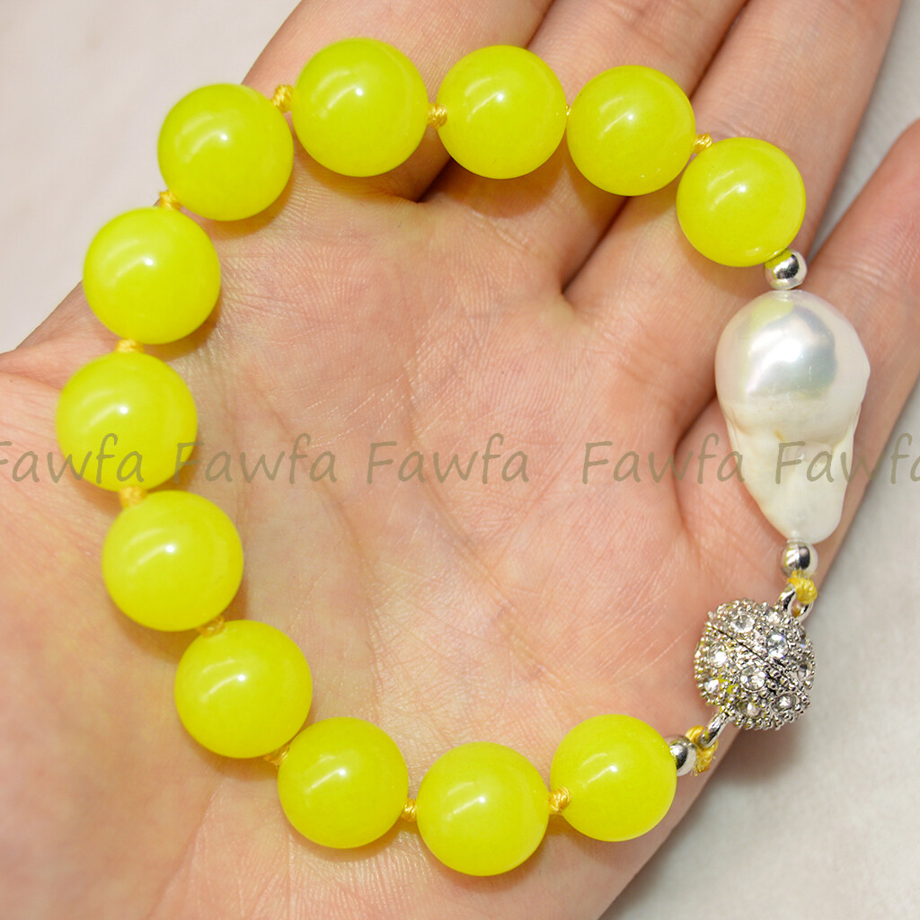 Natural 6-12mm Lemon Yellow Jade Gems White Keshi Baroque Pearl Bracelet 7.5″