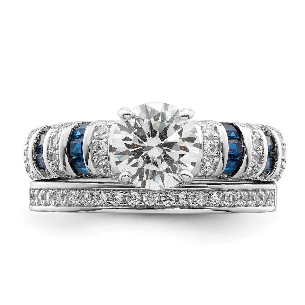 Sterling Silver Rh-Plated Polished Blue & White CZ Engagement & Band Ring