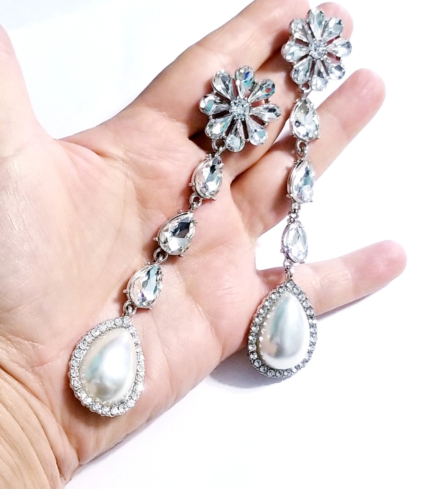 Created Pearl Dangle Chandelier Earrings 4.7 inch Clear Rhinestone Pageant Prom