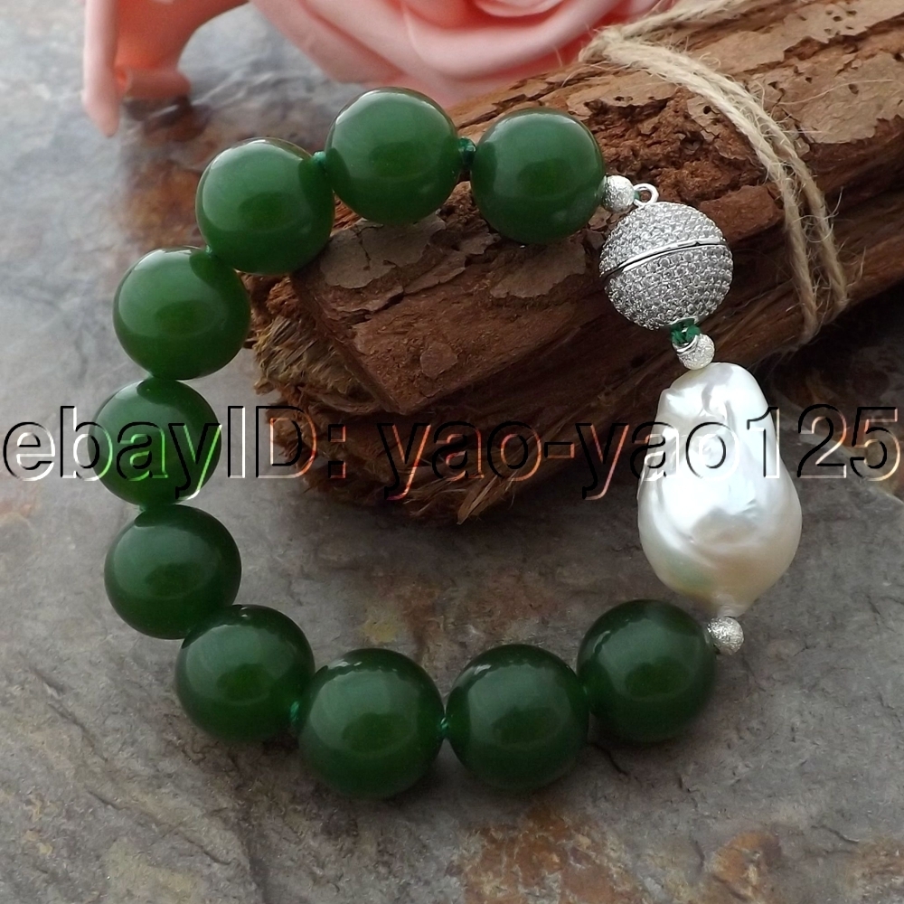 K061211 8” 16MM Green Jade White Keshi Pearl Bracelet