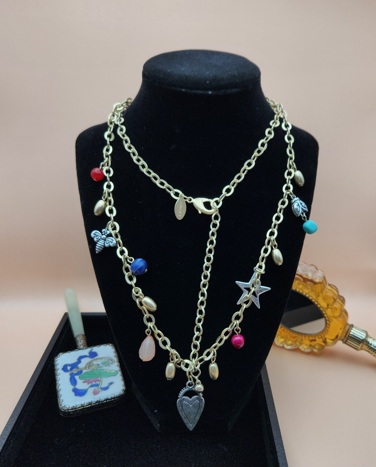 Chico’s Matte Gold Tone Beads And Charms Ling Vintage Necklace