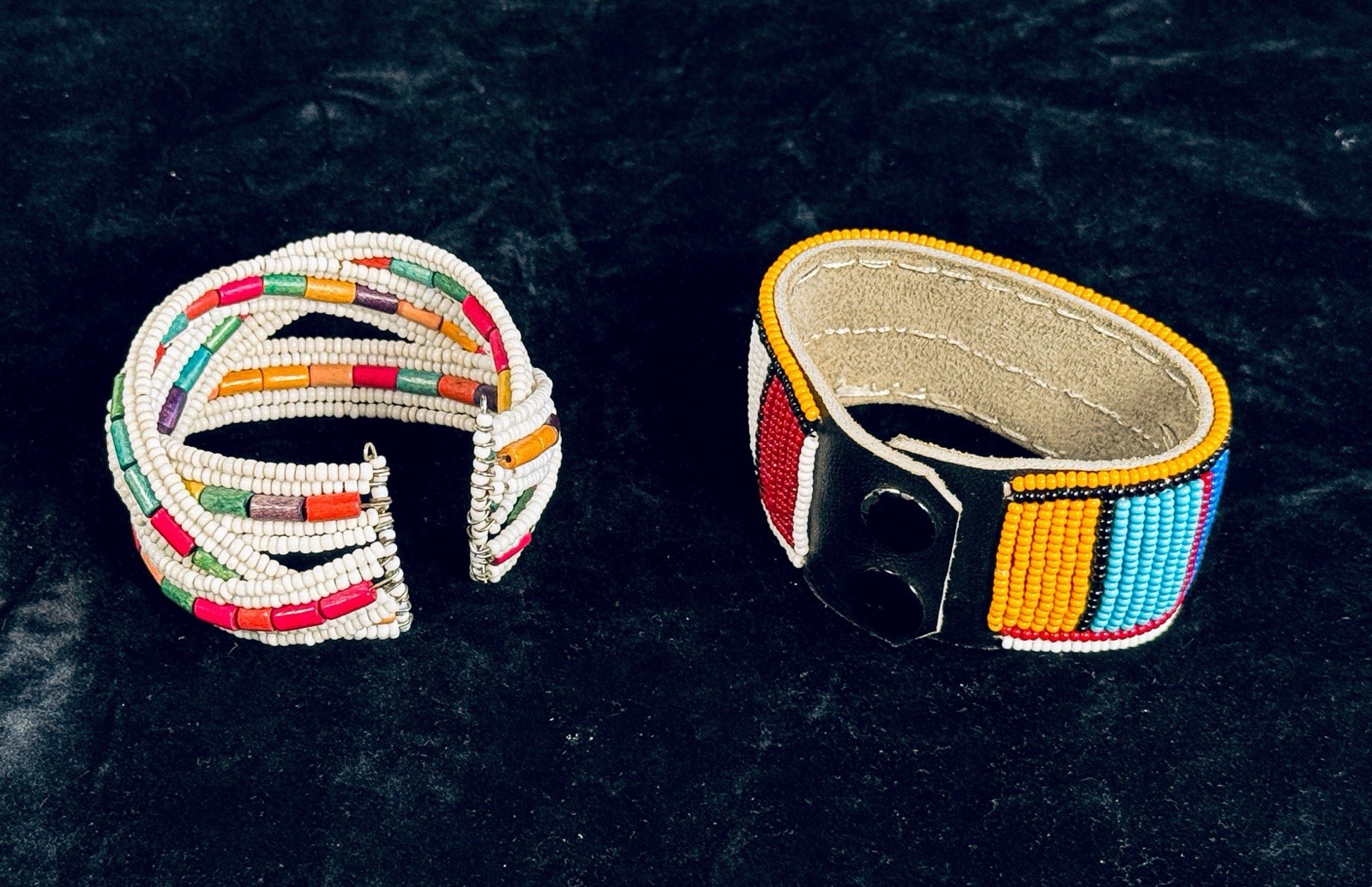 2 Beaded Bracelets Boho Multi Colors Cuff and Snap Closure