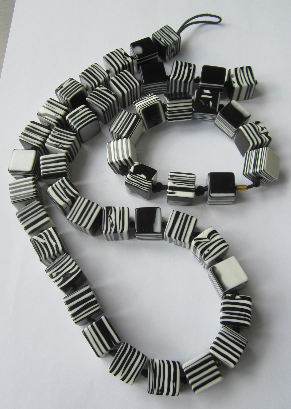 Liquorice Black White Cube Stripe Bead Necklace +Bracelet set: Sobral Brazil