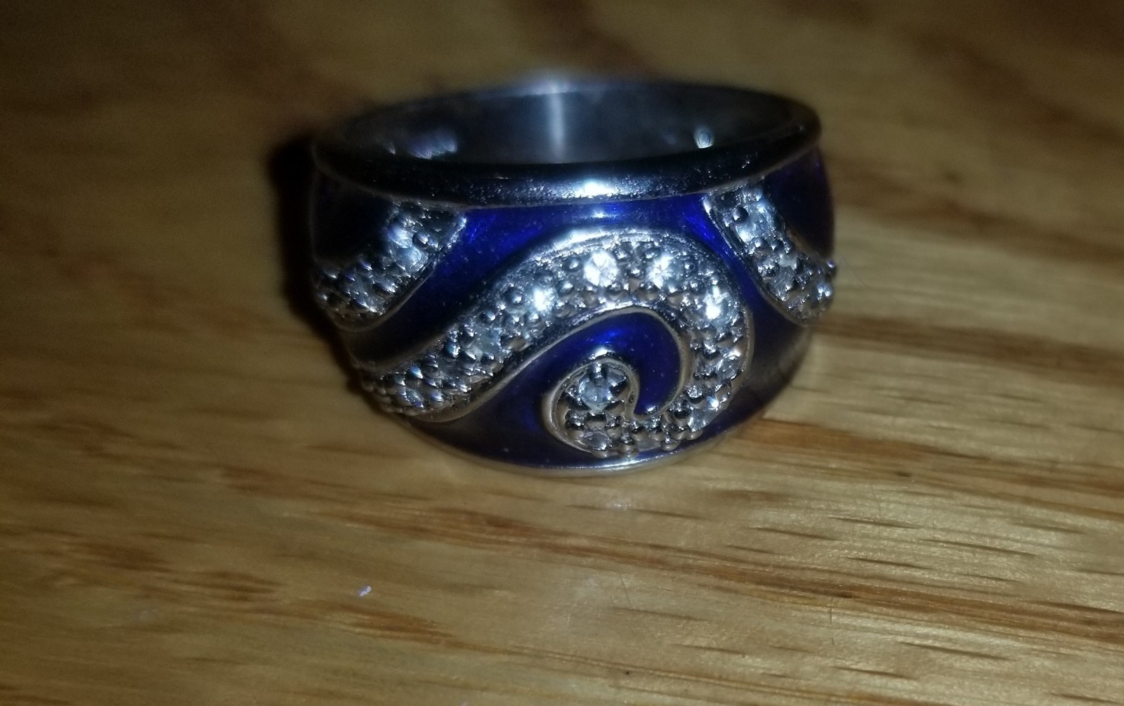 Vintage Hildago? Blue Enamel CZ Wave Ocean 925 Band Ring Sterling Silver 8.2 G