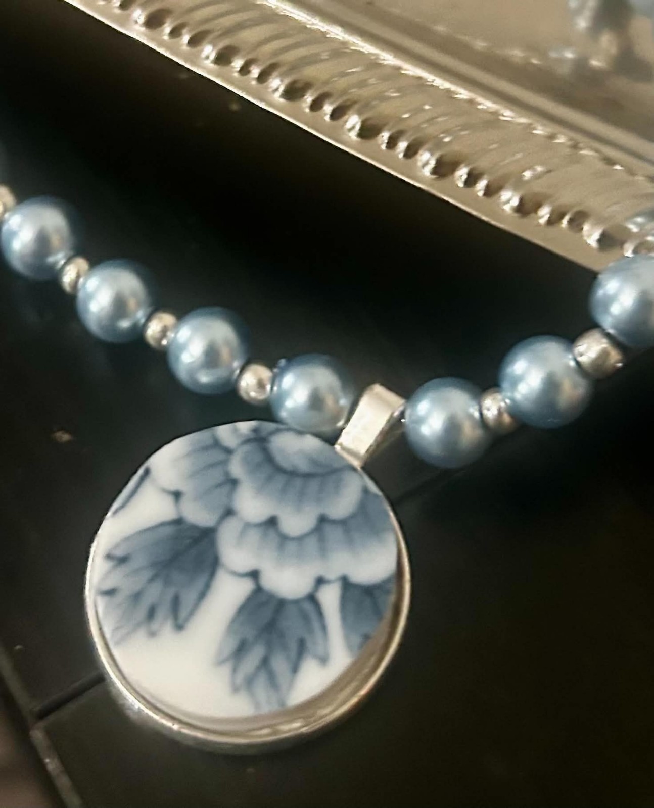 Blue & White Beaded Necklace, Round Floral Ceramic Charm Pendant, Silver Tone