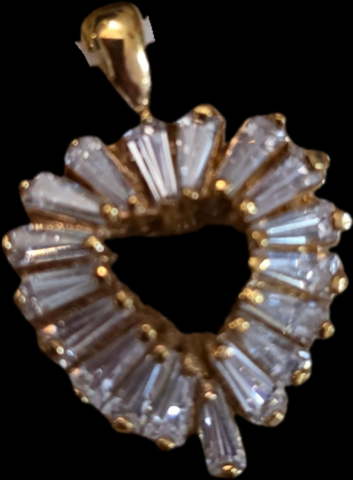 .925 Heart Charm Pendant in Yellow Gold Metal w/ White Baguette CZ, Prong Set