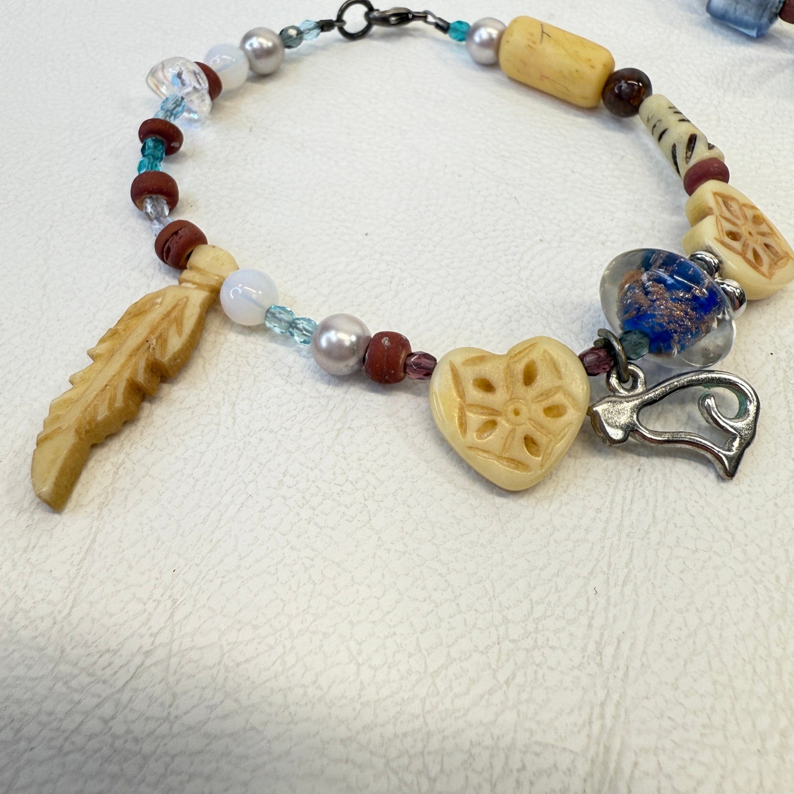 Beaded Necklace Bracelet Set Initial M Charm Lizard Boho Sterling Silver