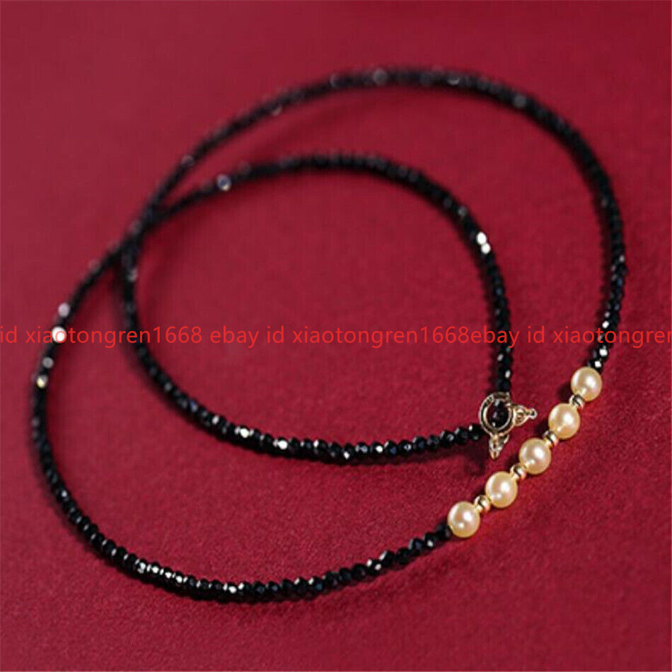 Natural 3mm Faceted Black Spinel Pink Pearl Gems Round Beads Necklace 16–26in