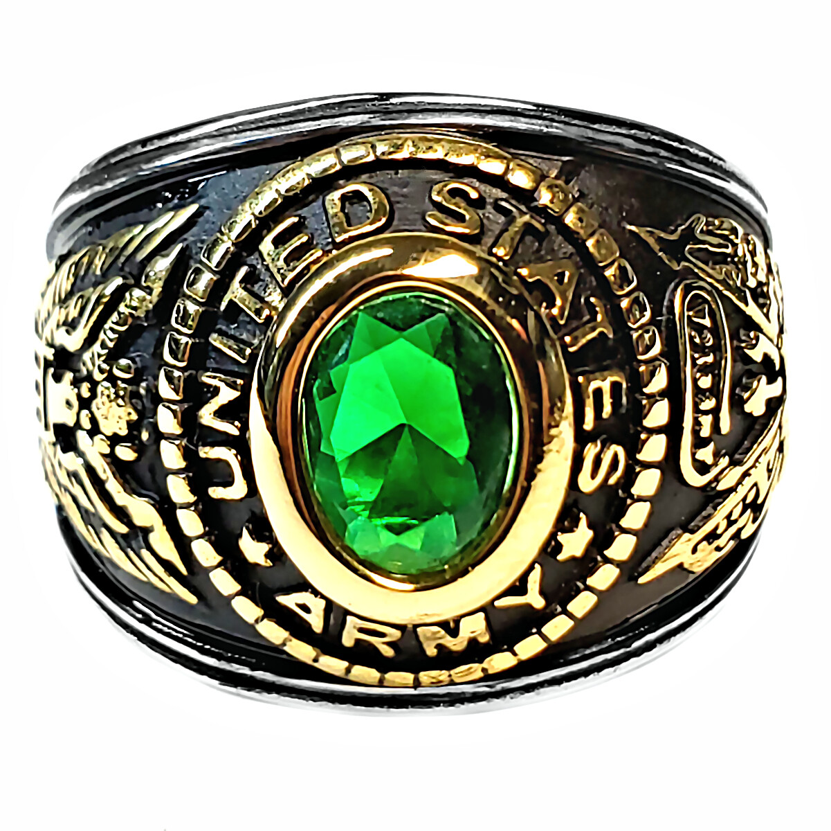 Unisex Simulated Emerald US Army Two-Tone Stainless Steel Military Ring
