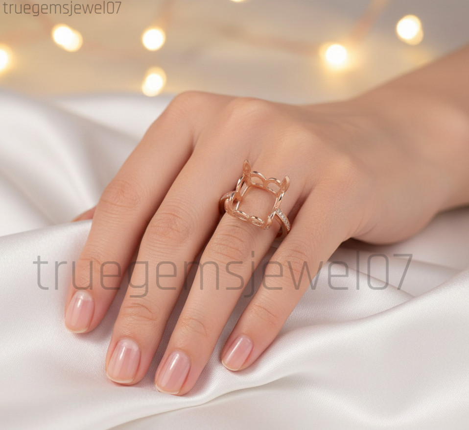 Rose Gold Semi Mount Ring Prong Setting 12x12mm Emerald Cut CZ Diamond Accents