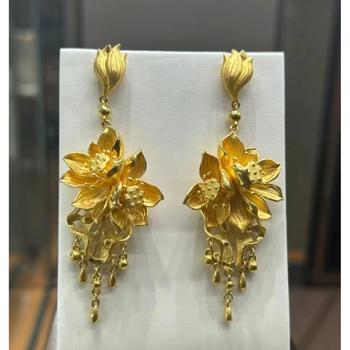 Gold Lotus Tassel Earrings Vintage Chinese Wedding Style Jewelry For Women