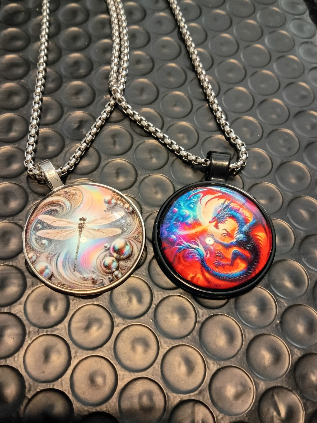 Dragonfly & Dragon Glass Dome Metal Pendants w/ Thick Chains