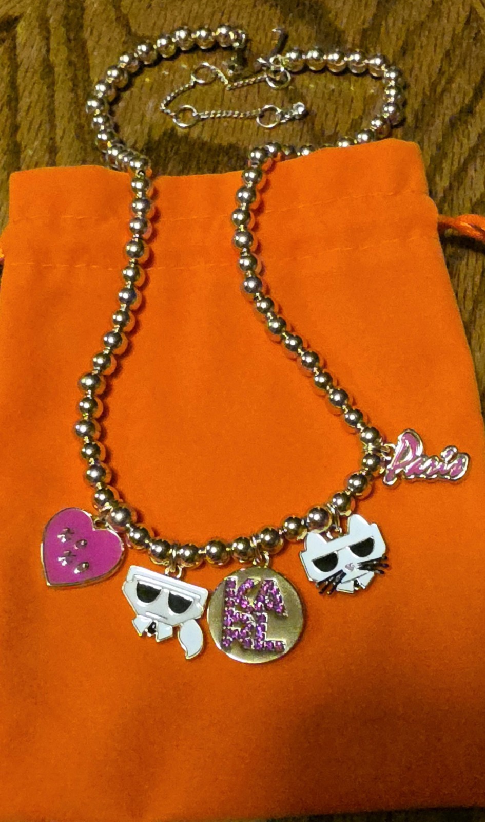New KARL LAGERFELD Paris Charm Fashion Necklace Choupette Cat Pink Rhinestone