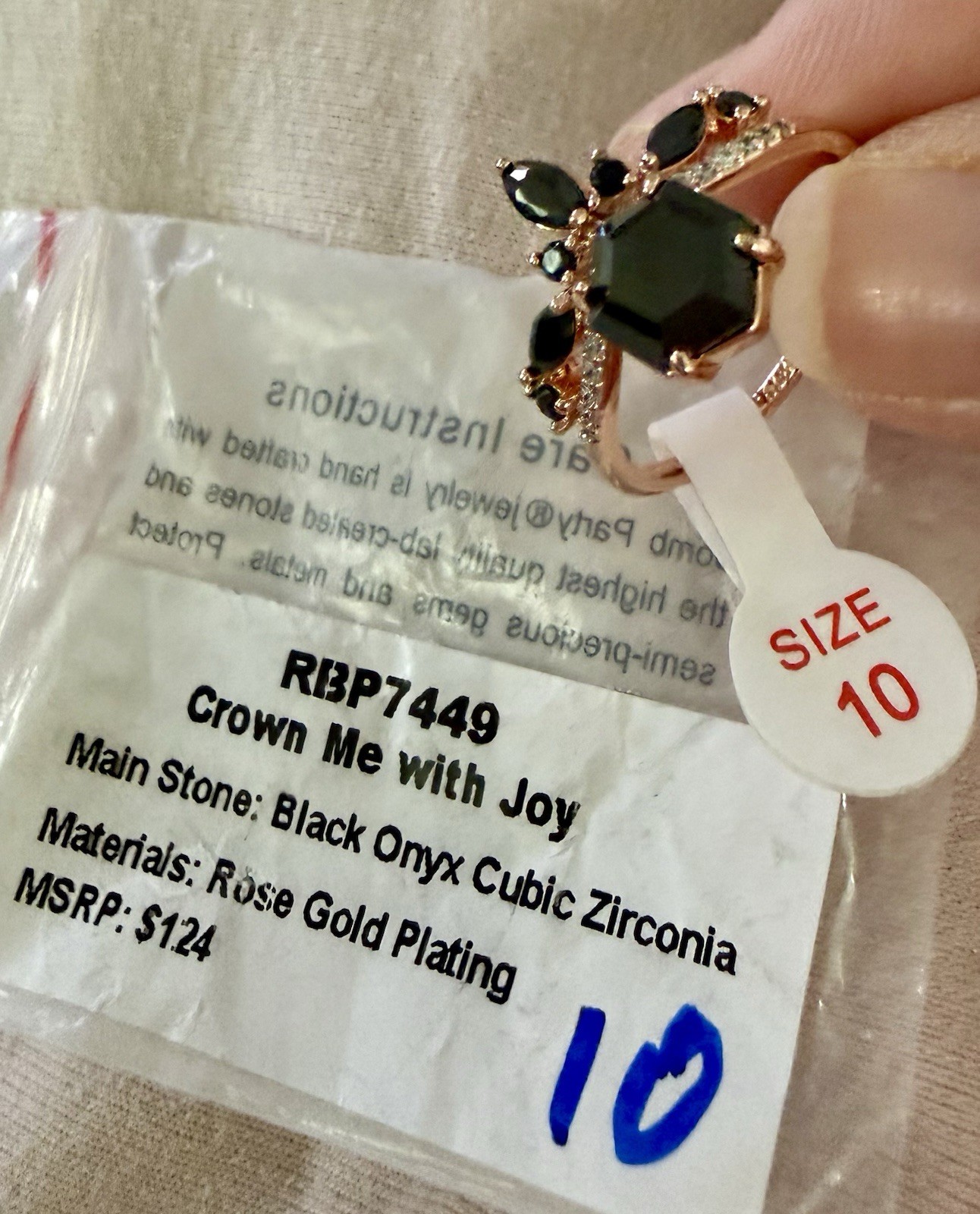 RBP7449 Crown Me with Joy, Black Onyx CZ, Rose Gold Pl, Sz 10, I Will Bundle!!