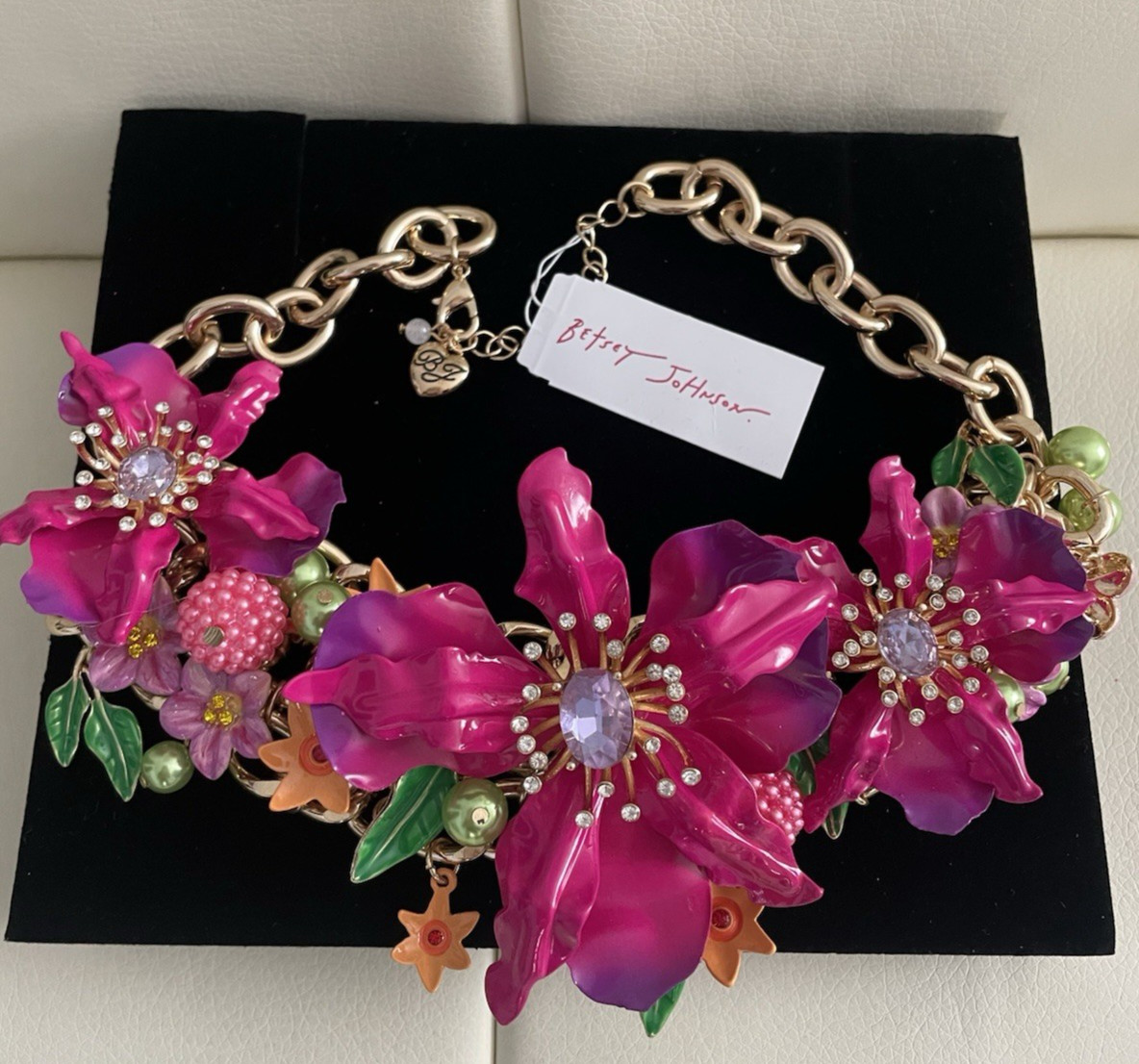 Betsey Johnson Garden Floral Orchid Statement Bib Necklace Gold Plated NWT