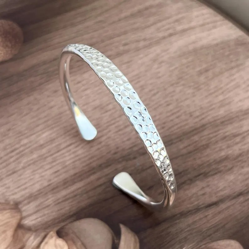Handmade 925 Sterling Silver Bangle, Hammered Texture Wide Cuff Bracelet, Boho