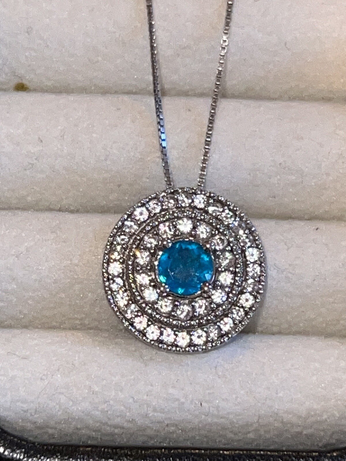 Neon Blue Apatite Pendant With Tiered White Zircon Halo 925 No Chain