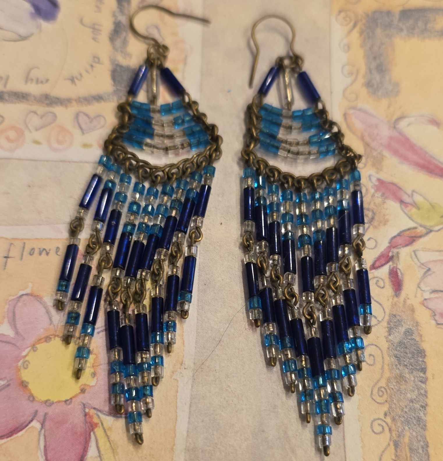 Blue Glass Baguette Beaded Dangle/Drop Earrings Hook, Silver Tone