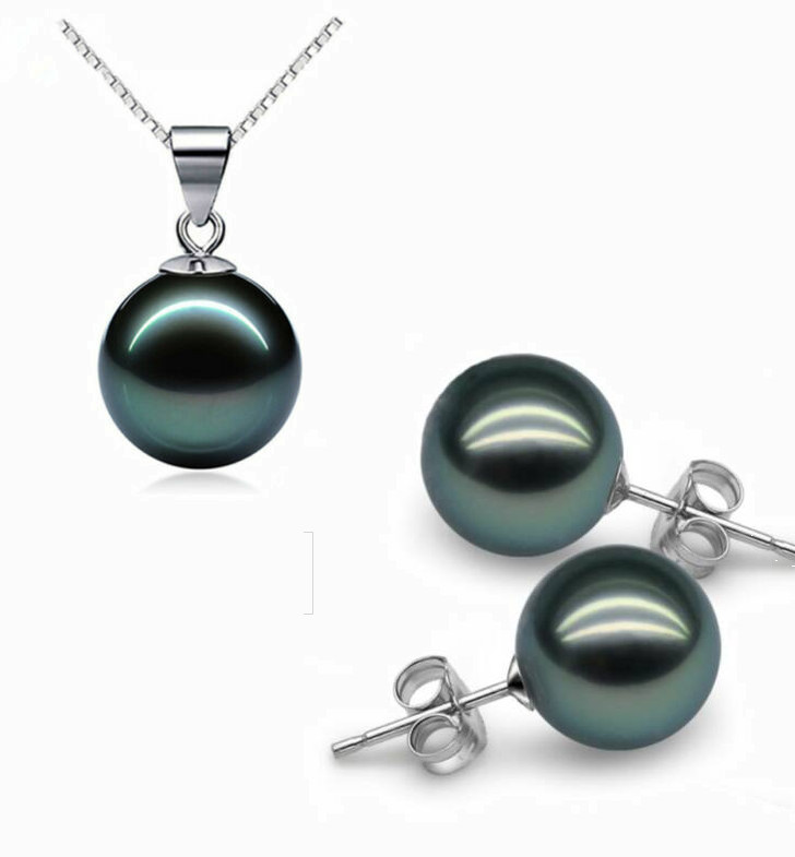 Sterling Silver 12mm Black Tahitian Shell Pearl Necklace 8mm Stud Earrings Set