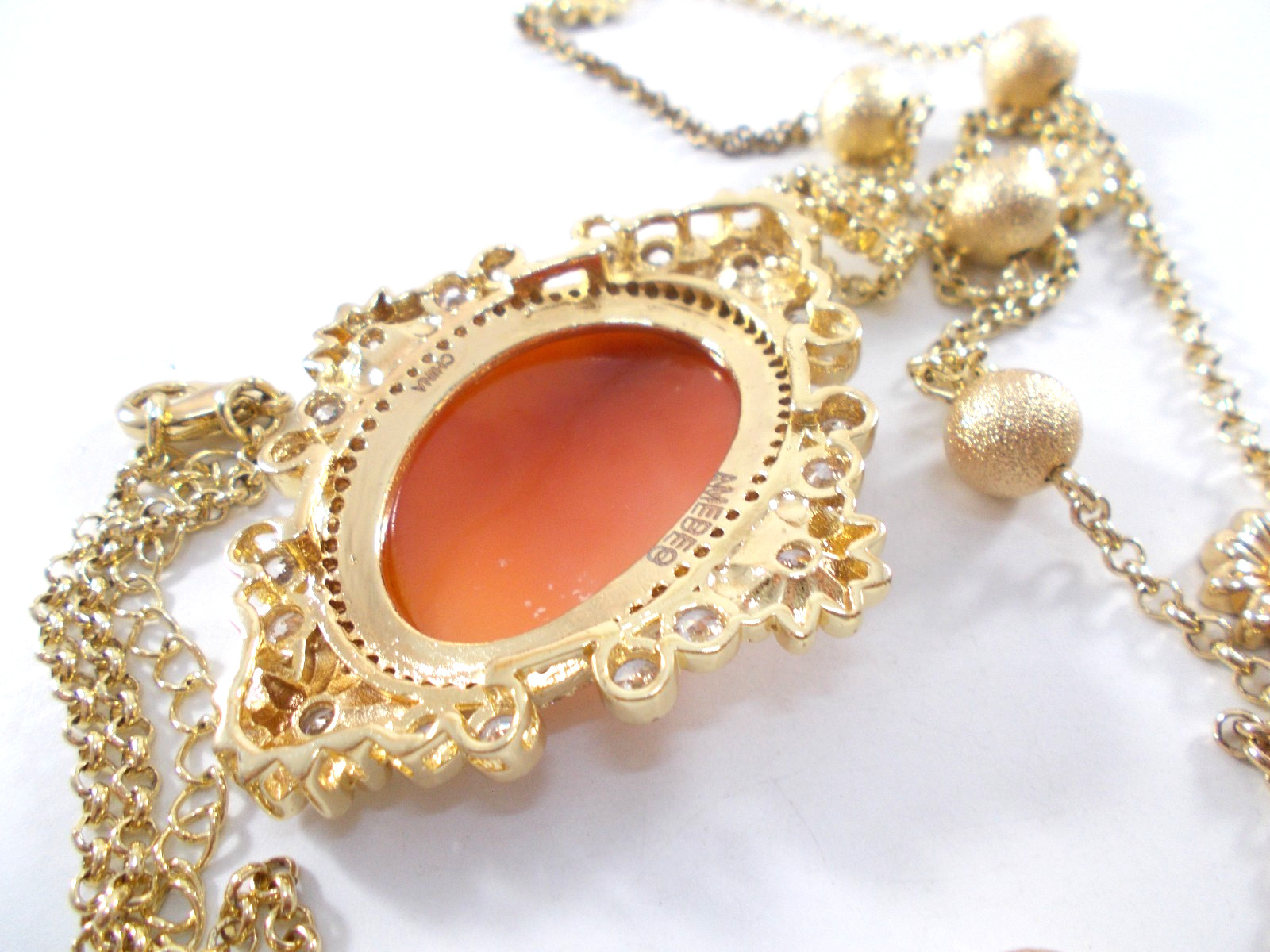 Amedeo NYC Carved Shell Cameo Pendant Necklace Rhinestone & Flower Accents