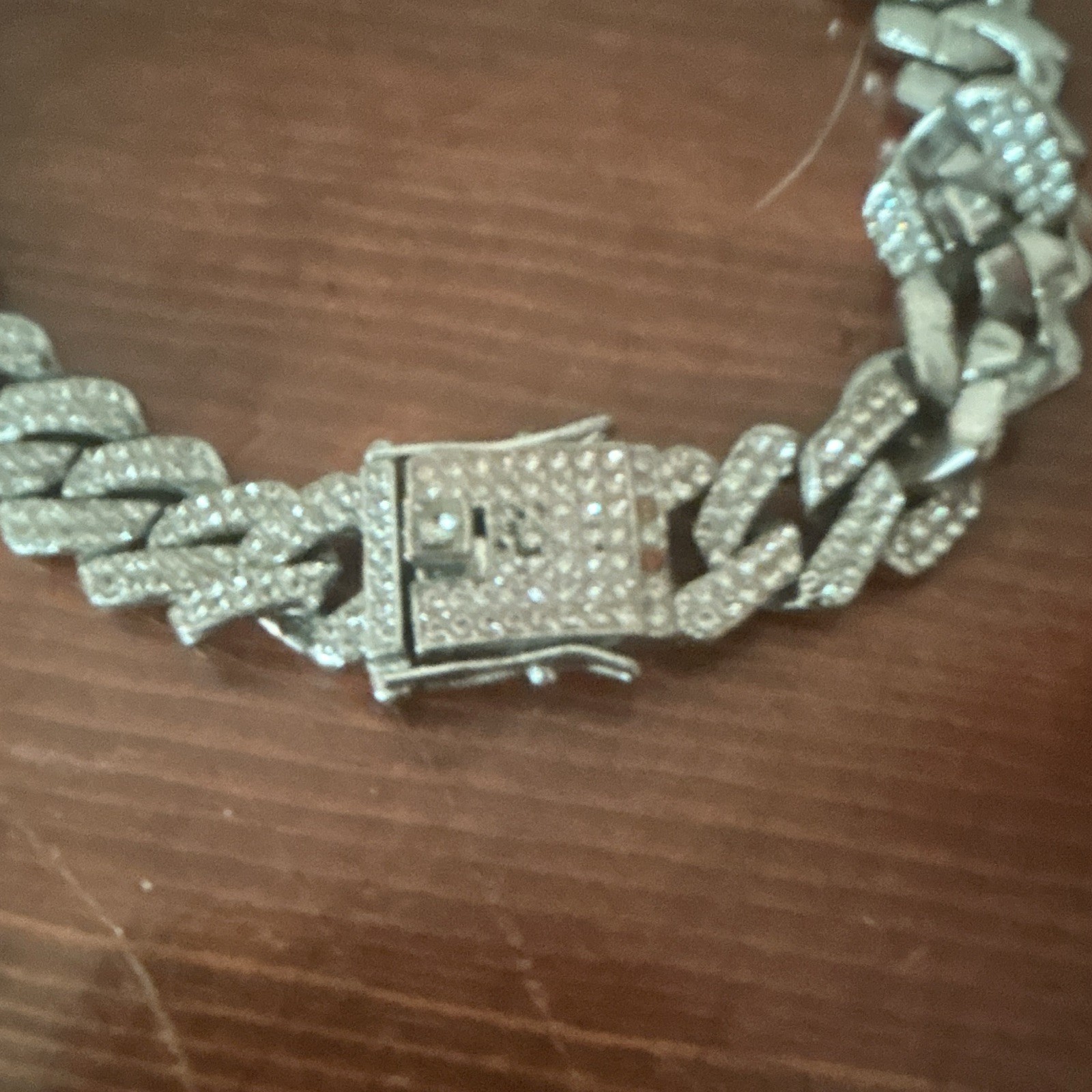 Silver-Tone Cuban Link Chain, Clear Pavé Setting, Box Clasp