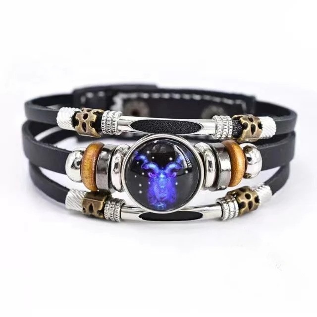 Zodiac Signs Spirit Bracelet, Beaded 12 Constellation Zodiac Leather Bracelet