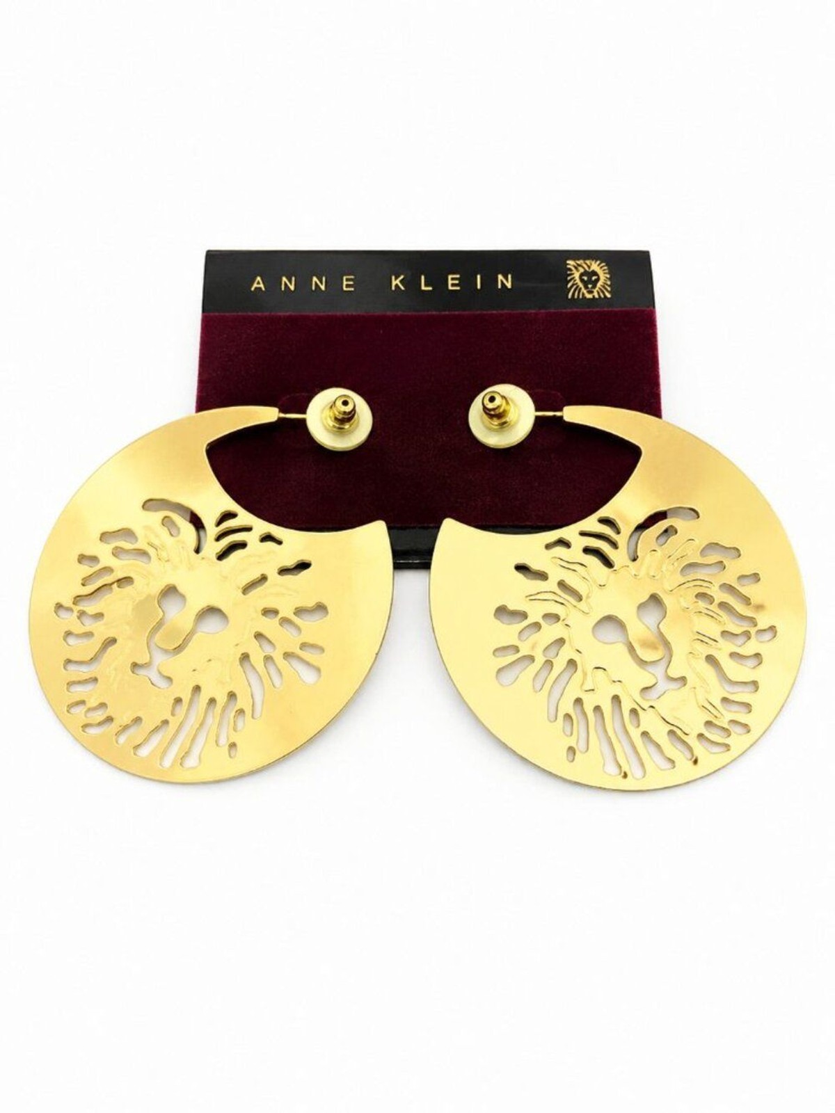 VINTAGE ANNE KLEIN Earrings Gold Tone Lion Logo Cutout Disc Statement 3 Inch