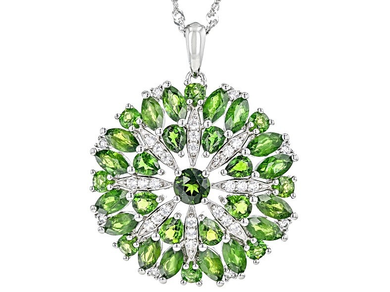 Green Chrome Diopside Rhodium Over Sterling Pendant W/ Chain 6.61ctw New