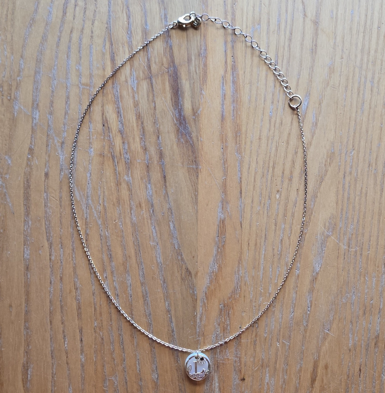 LC Silver Tone Cable Chain Necklace Floral Charm Round Mother of Pearl Disc