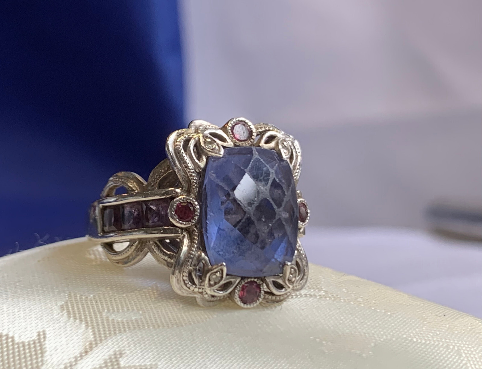 Sterling Silver Ring 7.8g Fine Jewelry Sz 6 Blue Faceted Rectangle Stone Prong